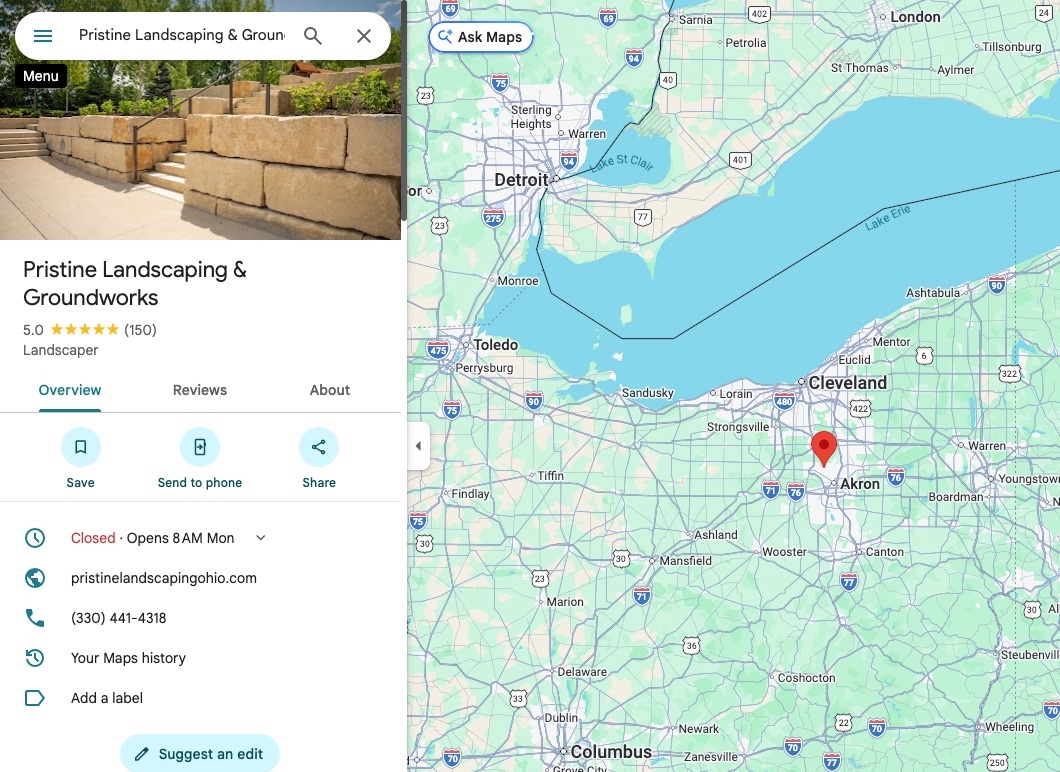 Google Maps listing for Pristine Landscaping and Groundworks, 5.0 stars from 150 reviews, located north of Akron in Ohio