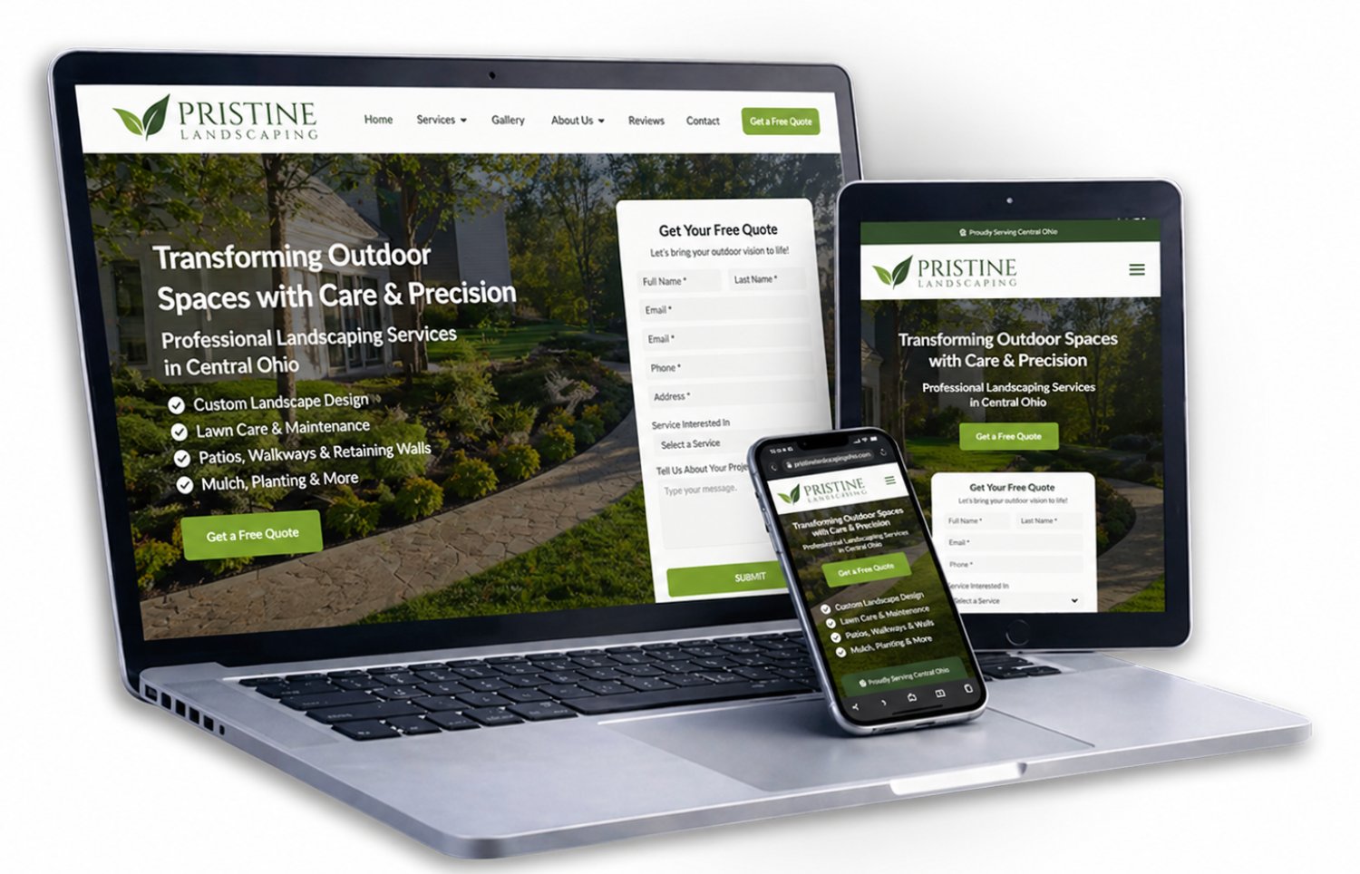 The Pristine Landscaping website built by 5for5, shown on laptop, tablet and phone