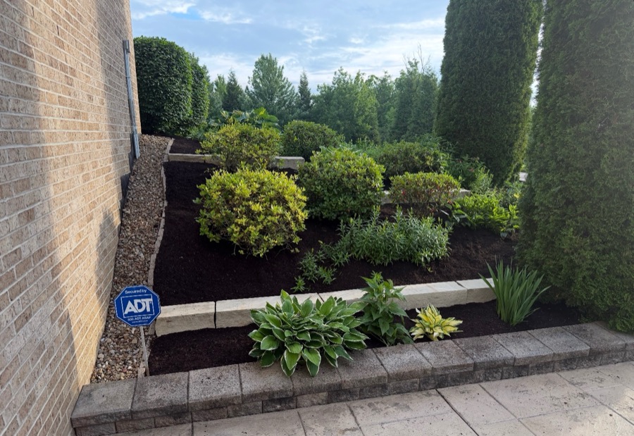 A planting bed with stone edging and fresh mulch, built by Pristine Landscaping